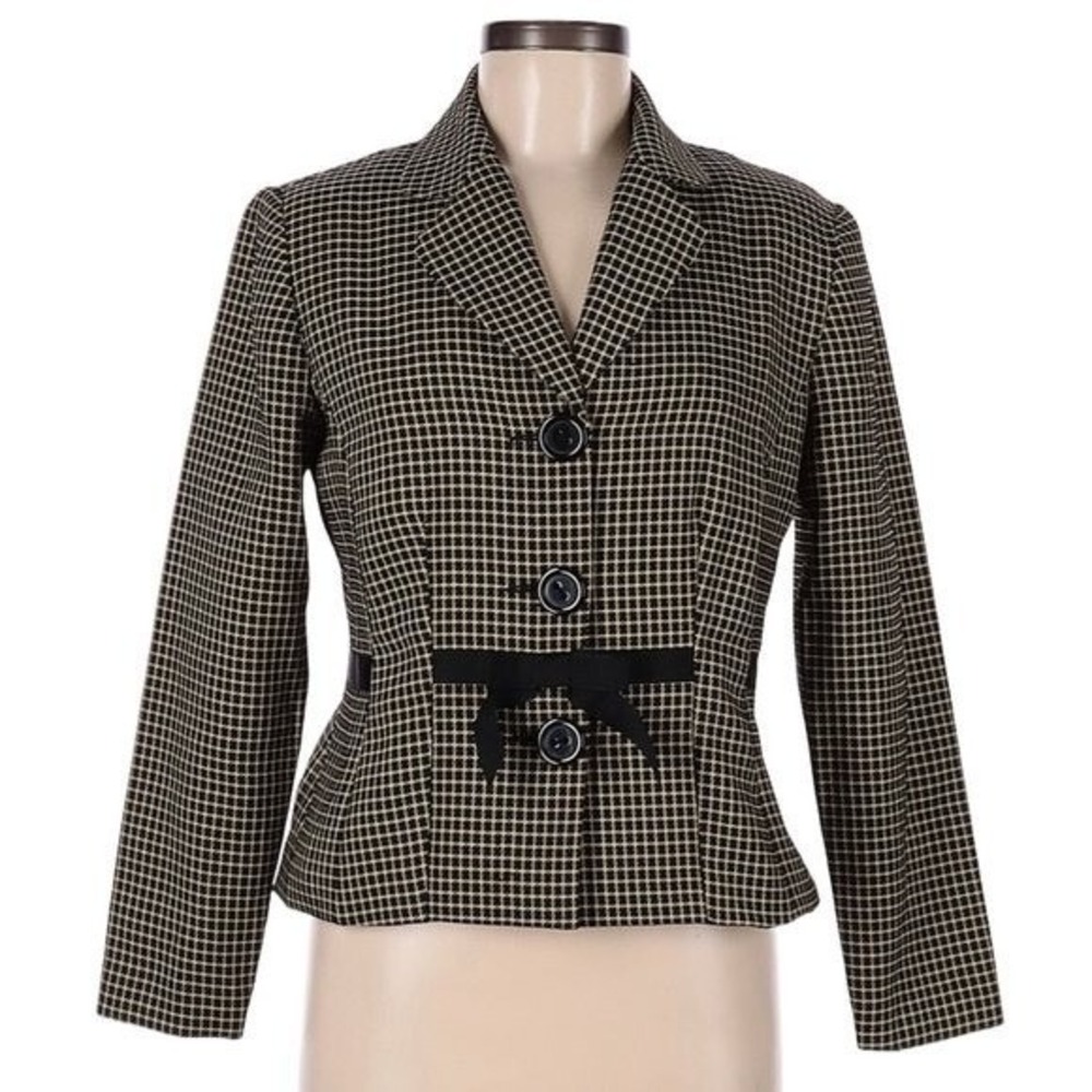 Vintage Sweet Suit Women's Size 8 Petite Blazer Black Tan Checkered Bow Front